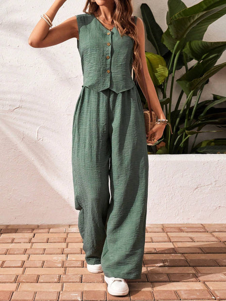 Conjunto informal de blusa sin mangas con botones delanteros y pantalón largo