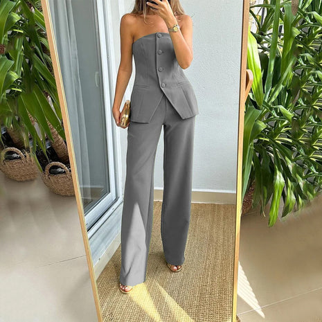 Conjunto de pantalón largo y top tubo sin mangas elegante con botones