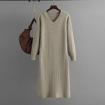 V-Neck Knitted Long Sweater with Back Slit