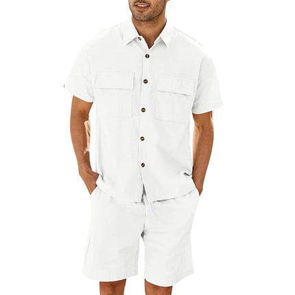 Cotton Short Sleeve Pockets Shirt And Drawstring Shorts Set
