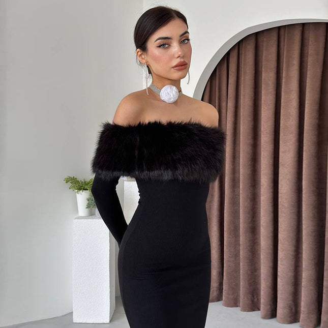 Off-shoulder Fur Collar Slim Fit Dress