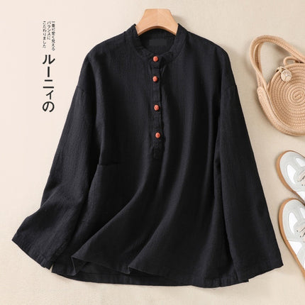 Cotton And Linen Japanese Autumn Artistic Stand-up Collar Buckle Pullover Shirt