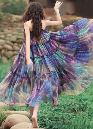 تنورة بتصميم فني قديم بخصر مطاطي وقصة نحيفة وحافة واسعة