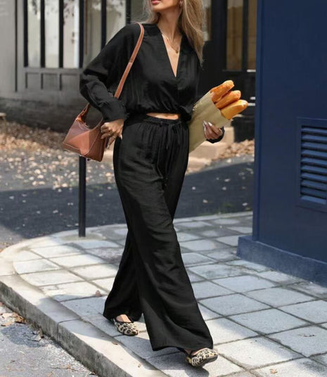 Traje de blusa de manga larga con cuello en V de moda