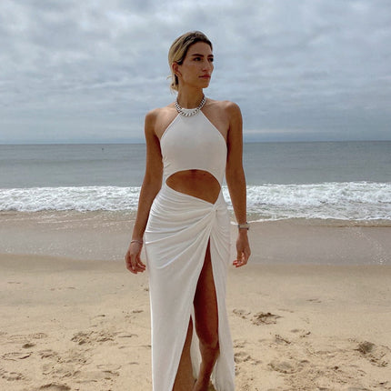 Halter Neck Cutout Lace-Up Long Dress