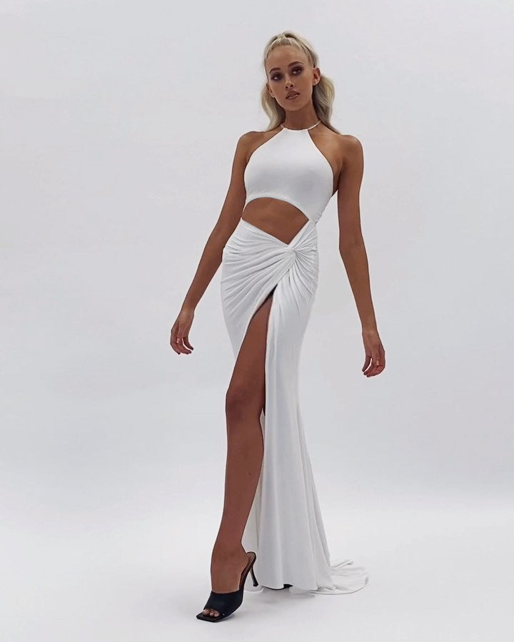 Halter Neck Cutout Lace-Up Long Dress