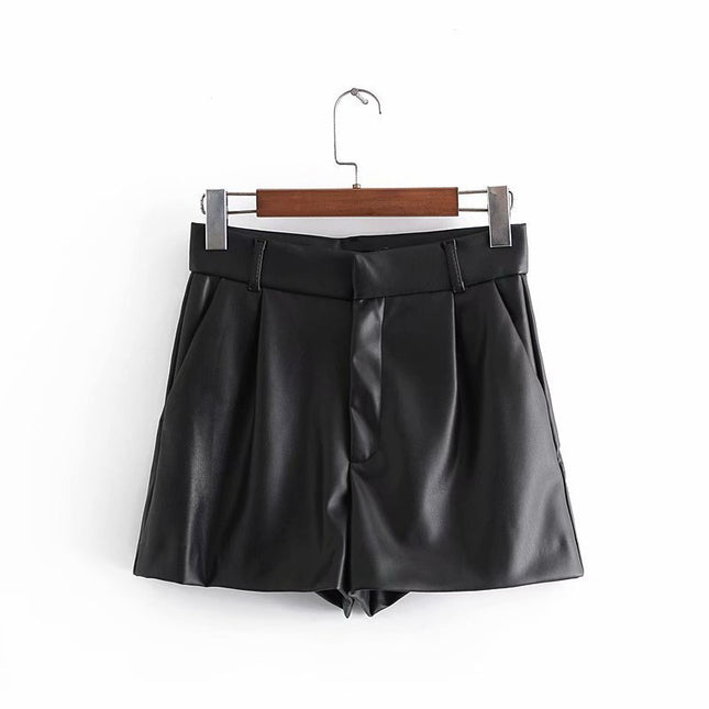 Simple Style High Waist PU Leather Shorts