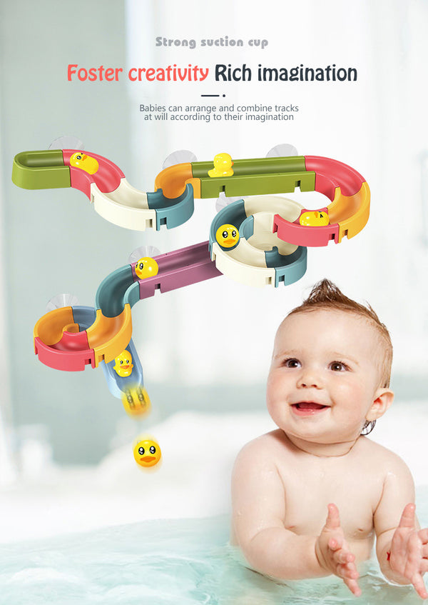 Colorful toy track with ducks and a baby in water, promoting creativity and imagination.