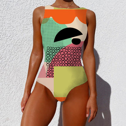 One-piece Vintage Abstract Print Lady Summer Push Up Swimsuit