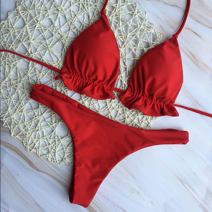 Ruffle Strap Solid Color Bikini Swimsuit
