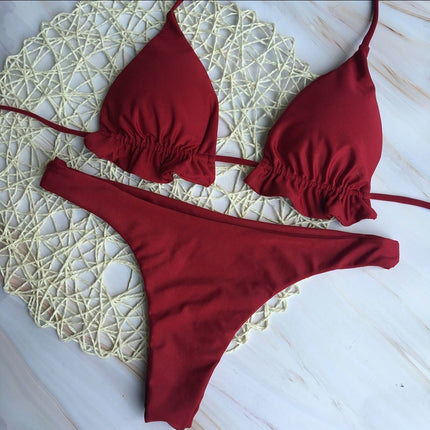 Ruffle Strap Solid Color Bikini Swimsuit