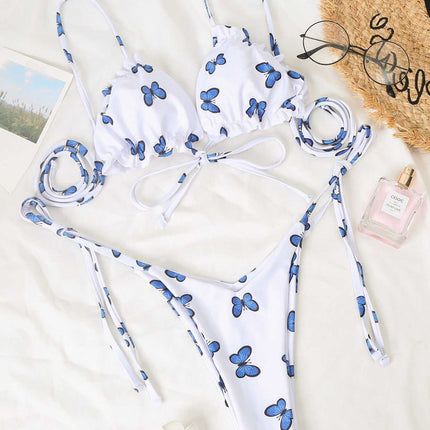New Butterfly Print Lace Thong Bikini Swimsuit