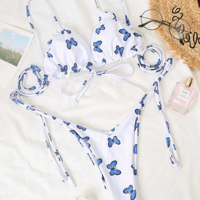 New Butterfly Print Lace Thong Bikini Swimsuit