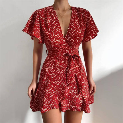 V-Neck Ruffled Belt Wrap Dress