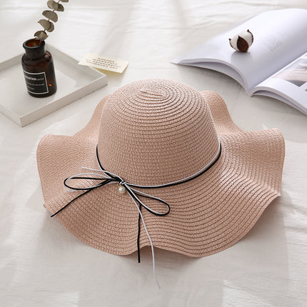 Pearl Bowknot Thin Brim Straw Hat