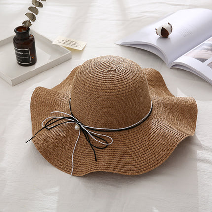 Pearl Bowknot Thin Brim Straw Hat