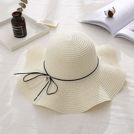 Pearl Bowknot Thin Brim Straw Hat