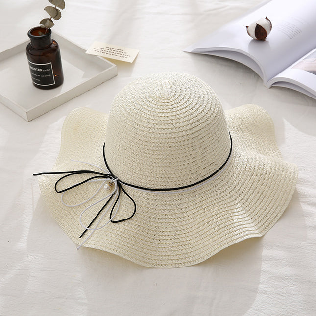 Pearl Bowknot Thin Brim Straw Hat
