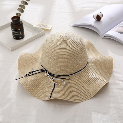 Pearl Bowknot Thin Brim Straw Hat