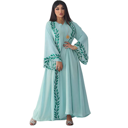 Chiffon Long Embroidered Crew Neck Abaya with Headscarf