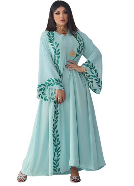 Abaya larga de chifón bordada con cuello redondo y pañuelo para la cabeza