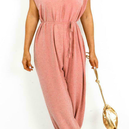 V-neck Lace-up Waist Wide Leg Jumpsuit