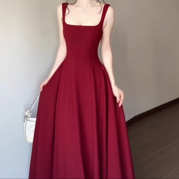 Red Slip Dress Summer French Square Collar