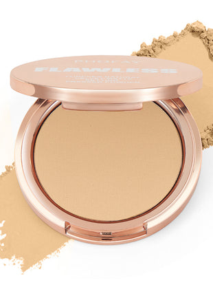 A compact pressed powder by PHOFAY with a matte finish, displayed alongside a small amount of loose powder. The compact has a rose gold-colored case.