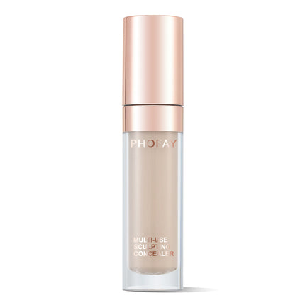 A bottle of PHOFAY Super Coverage Concealer with a rose gold cap and a clear body showing the light beige concealer inside.