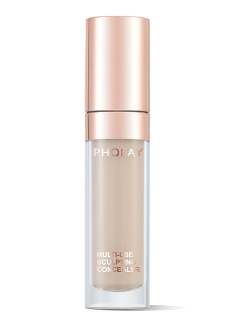 A bottle of PHOFAY Super Coverage Concealer with a rose gold cap and a clear body showing the light beige concealer inside.