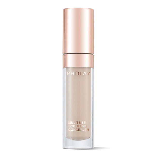 A bottle of PHOFAY Super Coverage Concealer with a rose gold cap and a clear body showing the light beige concealer inside.