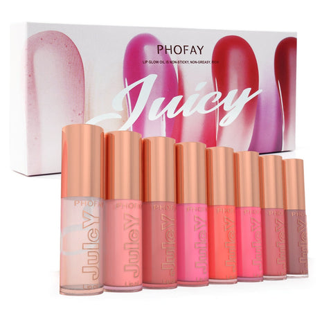 PHOFAY Juego de 8 Aceites Labiales Jugosos | Colección de Aceites Labiales Hidratantes Ultra Humectantes No Pegajosos