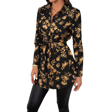 Elegant Floral Belted Long Sleeve Shirt