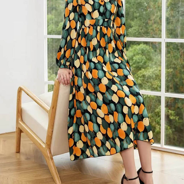 V-neck Long-sleeved Mid-skirt High Waist Button Dress