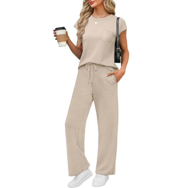 Round Neck Loose Short Sleeves Pocket Pants Casual Set