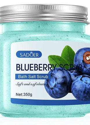 Jar of blueberry bath salt scrub with Sadoer branding on a white background