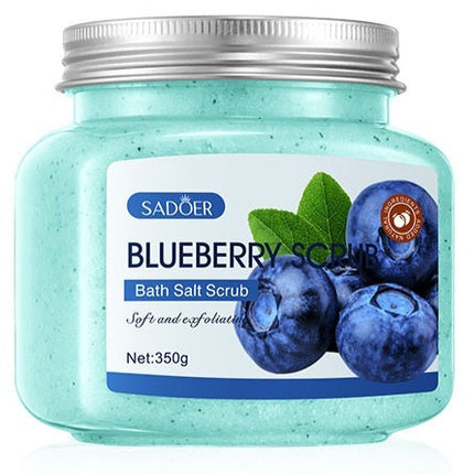 Jar of blueberry bath salt scrub with Sadoer branding on a white background
