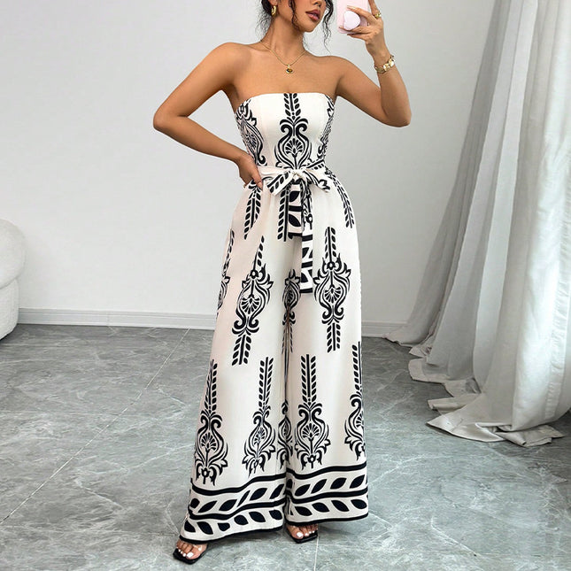 Wide-leg Slim Fit Tied Printed Jumpsuit