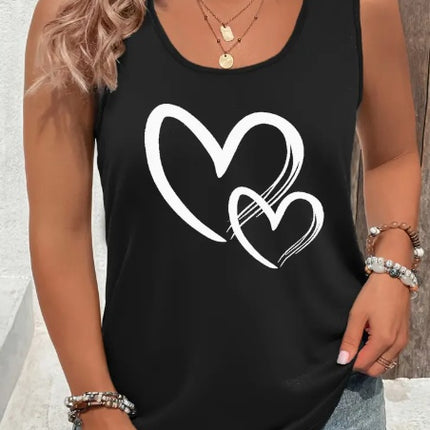Casual Hearts Print Crew Neck Sleeveless Tank Top