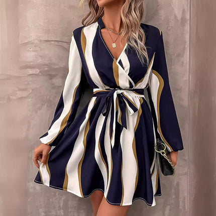 Belt Printed V-neck Dress