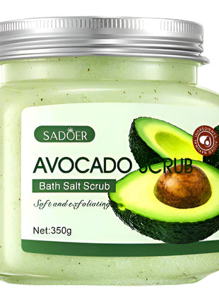 Avocado scrub bath salt scrub jar on a bathroom counter with a blurred background