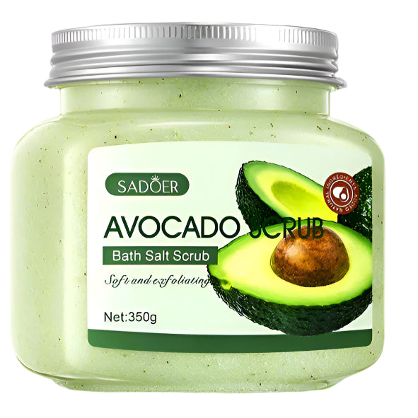 Avocado scrub bath salt scrub jar on a bathroom counter with a blurred background