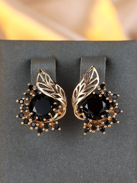 Round Flower Feather Zircon Earrings