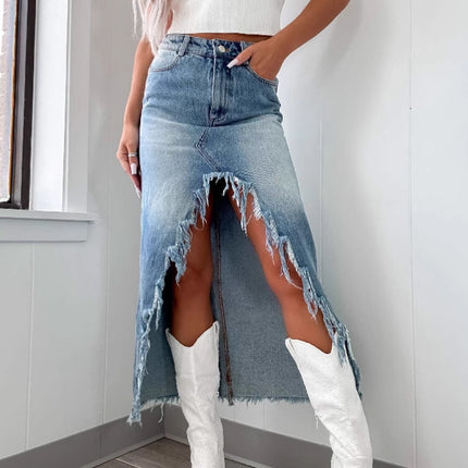 Denim High Waist Irregular Washed-out Skirt