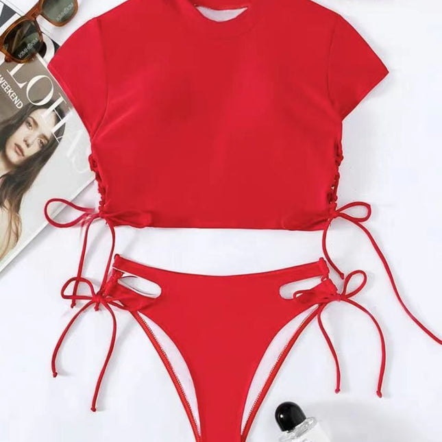 Two-piece Solid Color Short Sleeve Swimsuit