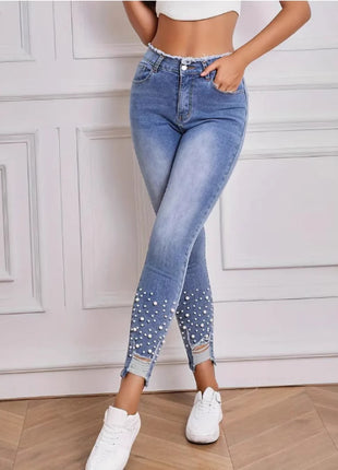 High Waist Denim Pearl Tassel Jeans