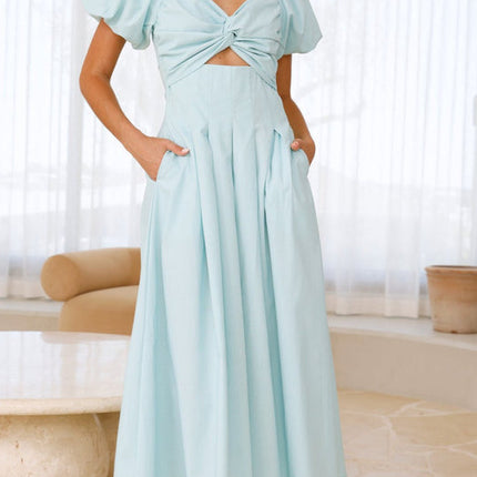 V-neck Long Puff Sleeve Long Slimming Dress