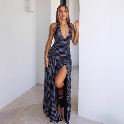 Halter Lace-Up Polka Dot Deep V Retro Slim Dress