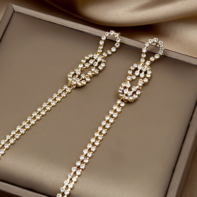 925 Silver Needle Knotted Diamonds Long Tassel Earrings