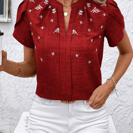 Half-open Collar Short Sleeve Shoulder Creasing Blouse